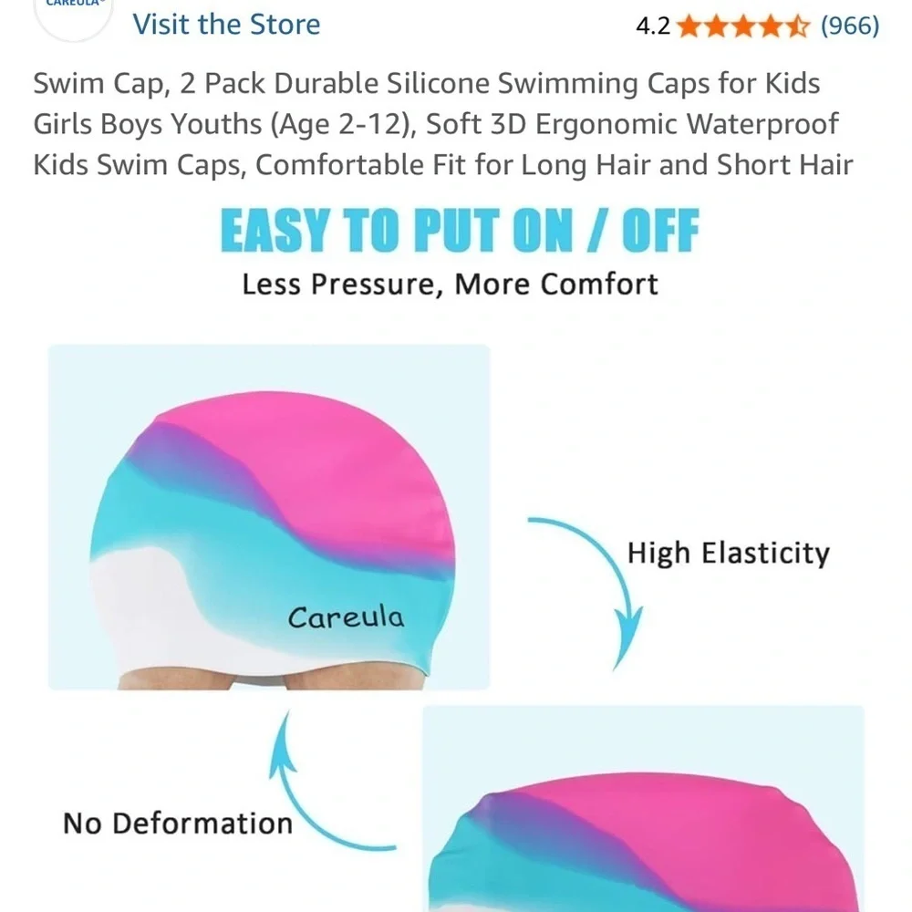 Careula Kids Swim Cap set of 2. Ages 4-8 Medium